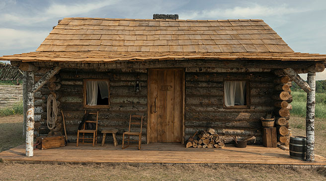 A rustic wooden log cabin with a shake roof and a front porch.