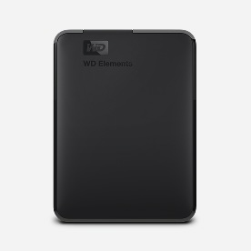 A black WD Elements external hard drive.