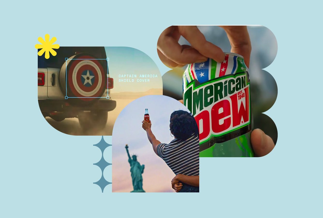 Images from recent Mountain Dew, Coca-Cola, and Jeep America250 campaigns.