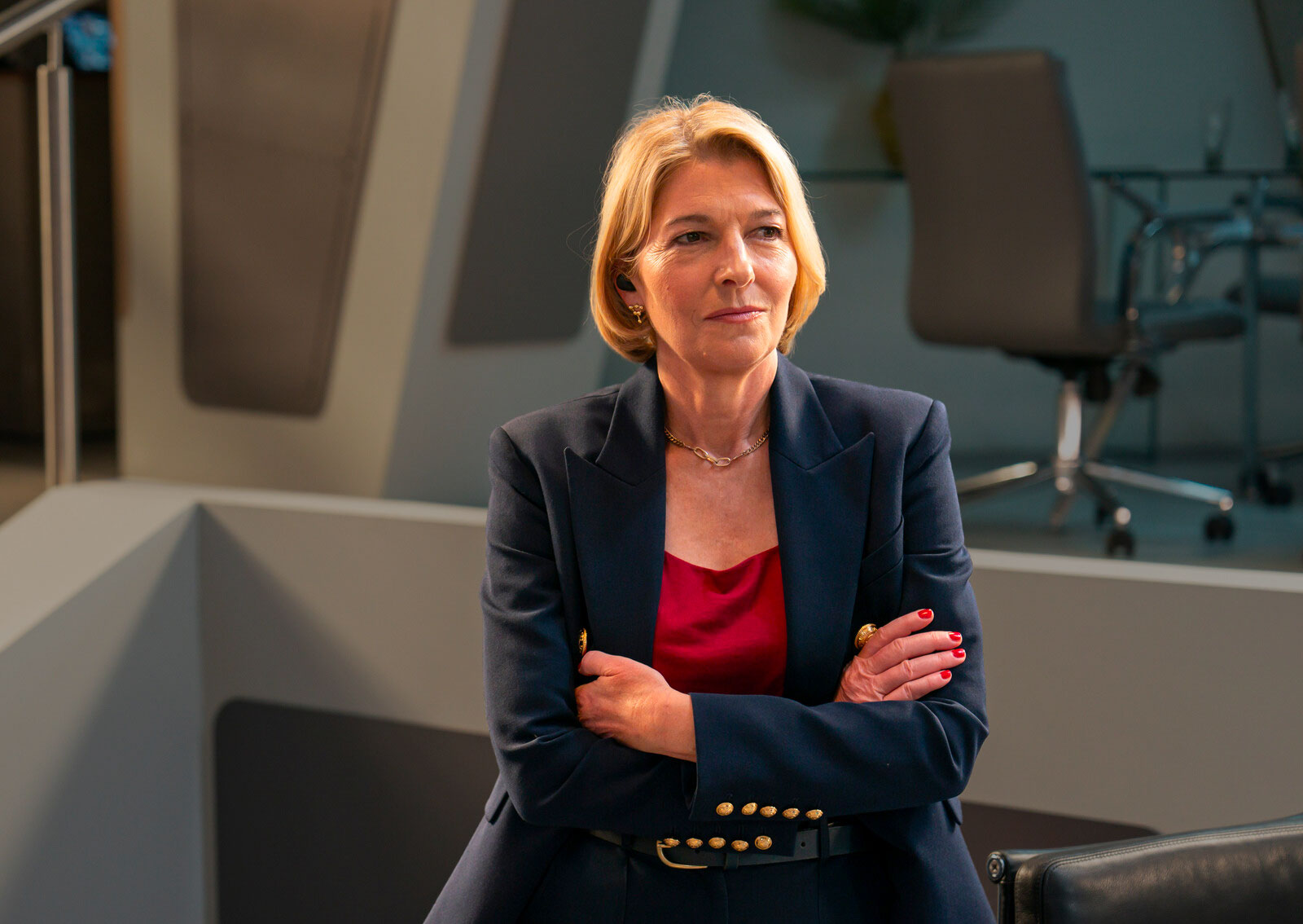 Kate Lethbridge-Stewart, played by Jemma Redgrave, stands in the UNIT HQ