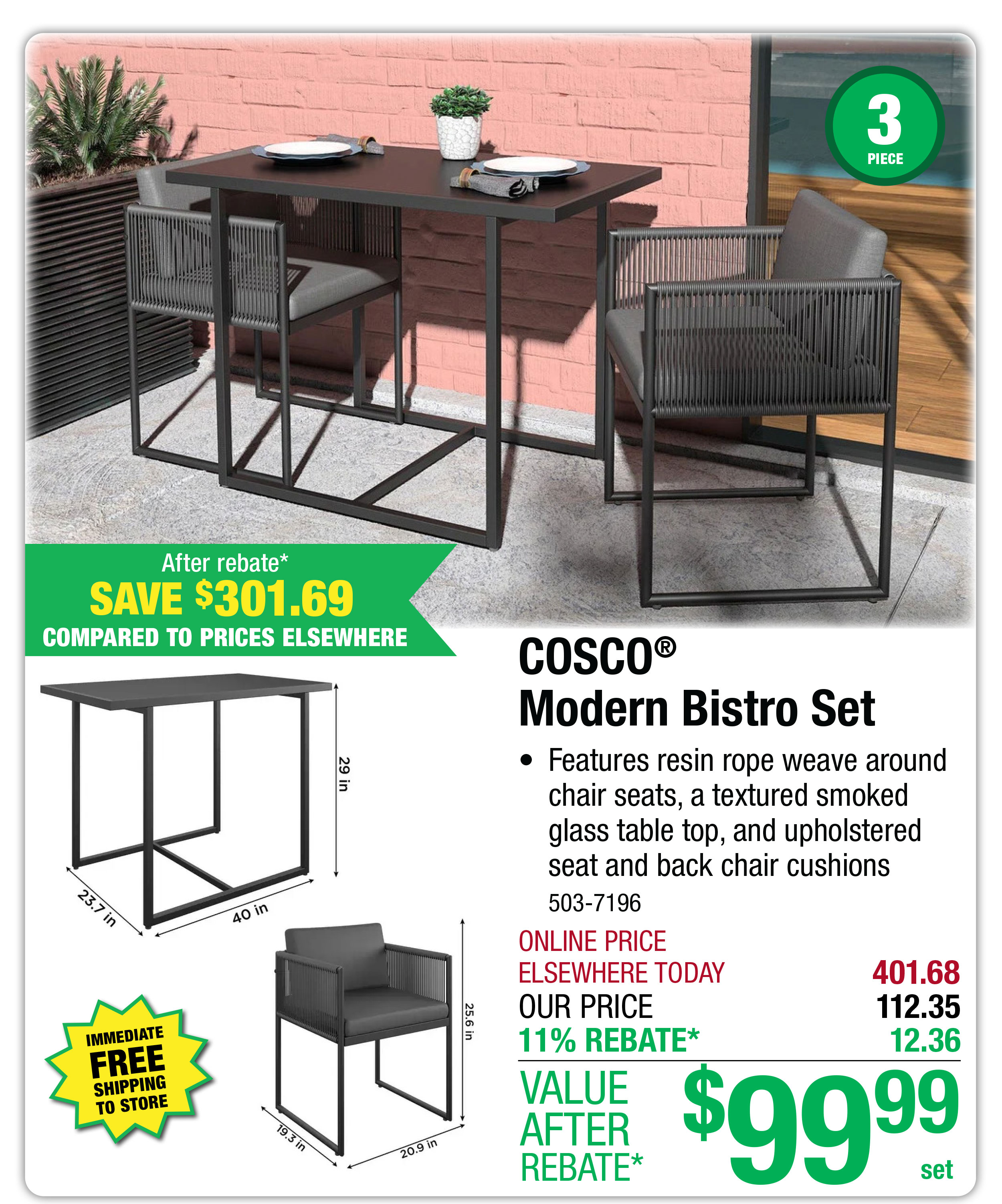 COSCO® Modern Bistro Set - ONLY $99.99 After Rebate*!
