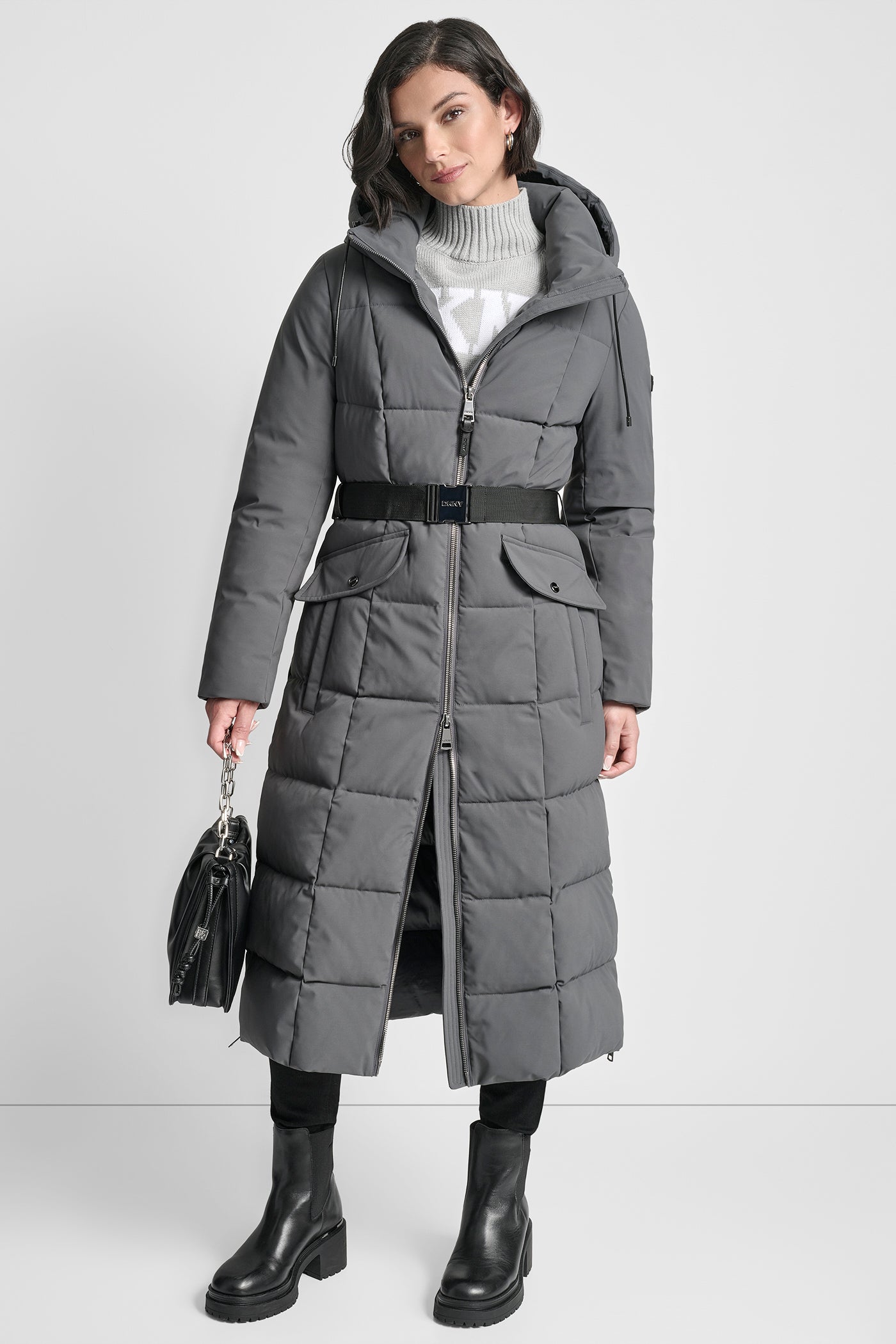 Image of BOX QUILT LONG PUFFER WITH BELT