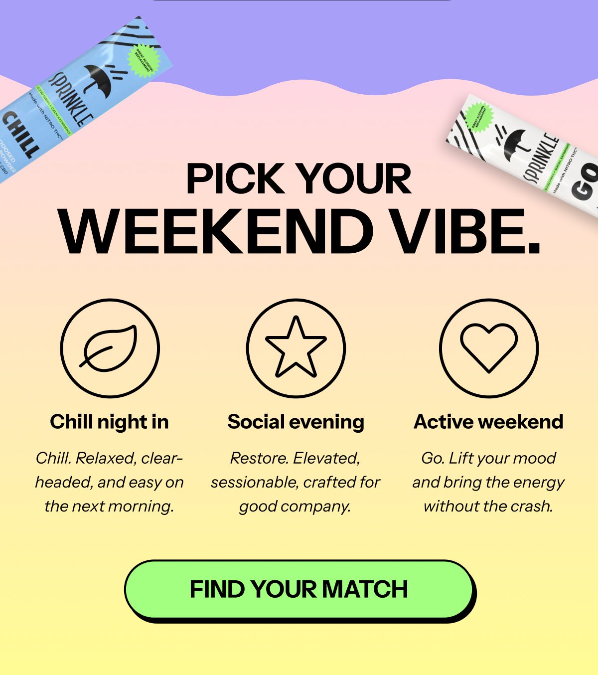 Pick your weekend vibe: Chill night in, social evening, active weekend. Find your match.