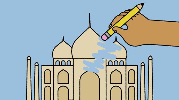 Illustration of a hand with a pencil eraser rubbing out the Taj Mahal