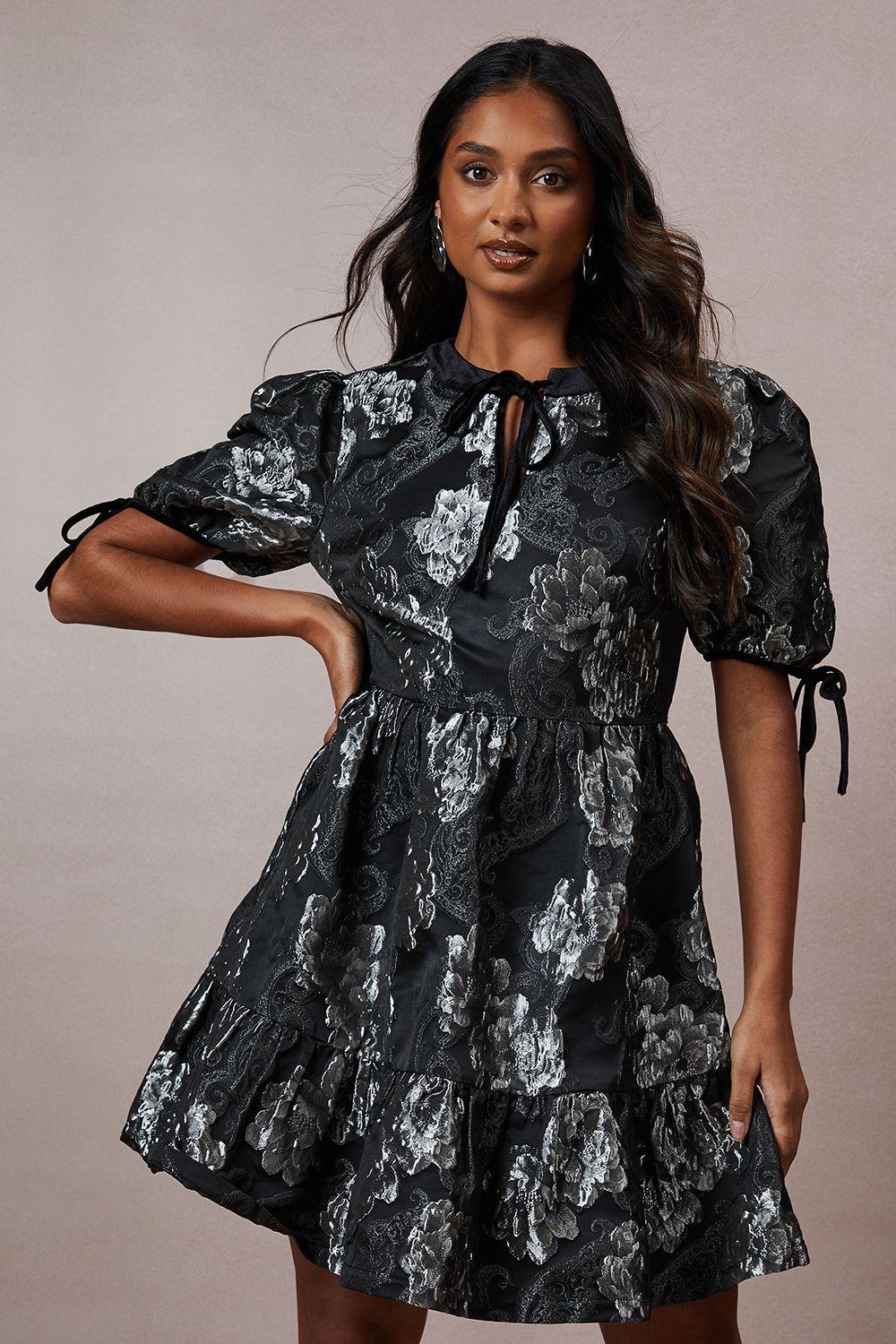 Occasion Metallic Jacquard Velvet Trim Smock Dress