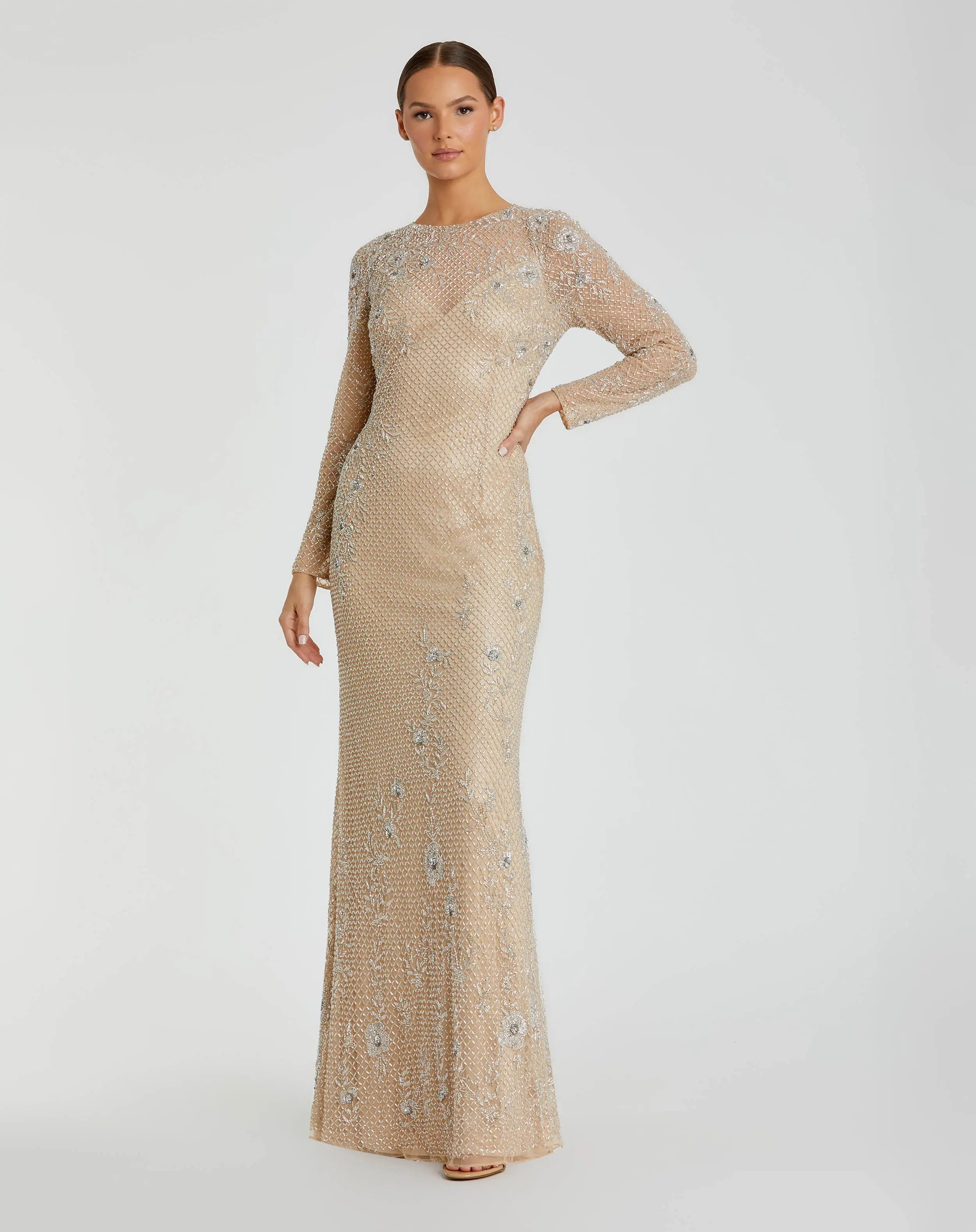 Image of Nude Silver Floral Beaded Evening Gown