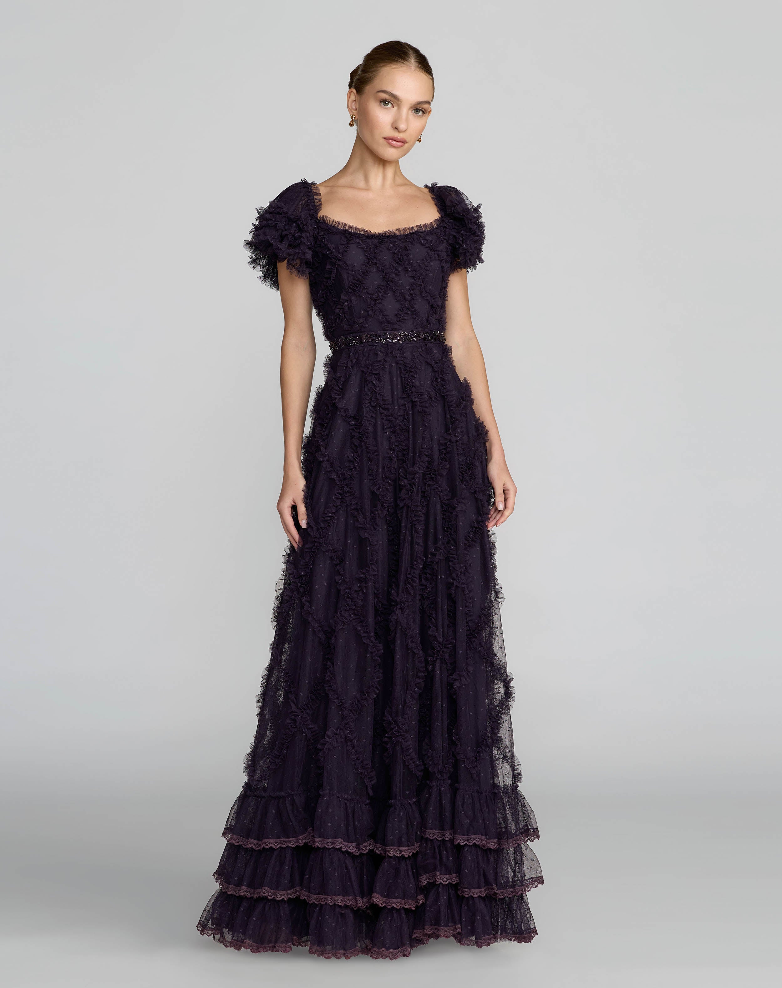 Image of Dark Purple Tiered Ruffle Puff Sleeve Gown