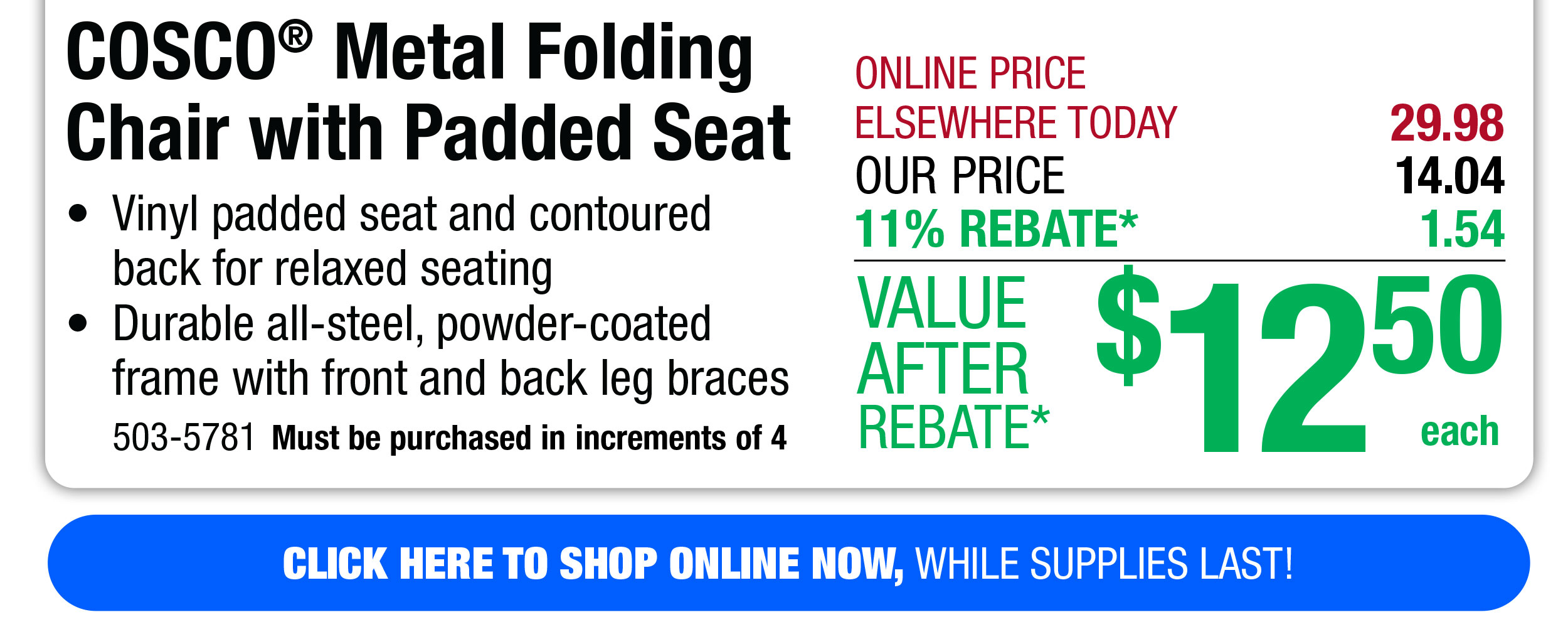 COSCO® Metal Folding Chair with Padded Seat - Free Shipping To Store!