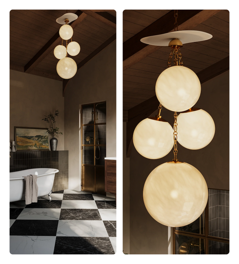A cluster of hanging marble-effect globe pendants in a bathroom with a checkerboard floor.