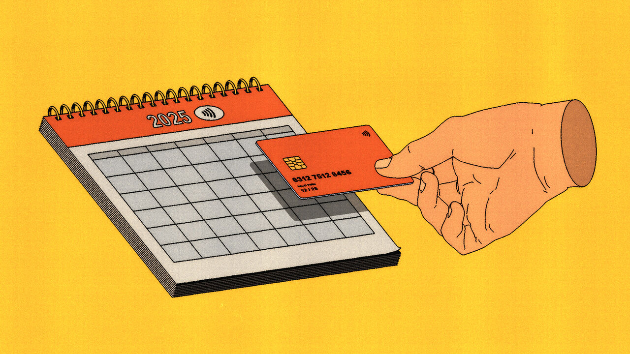Illustration of a hand tapping a credit card on a calendar