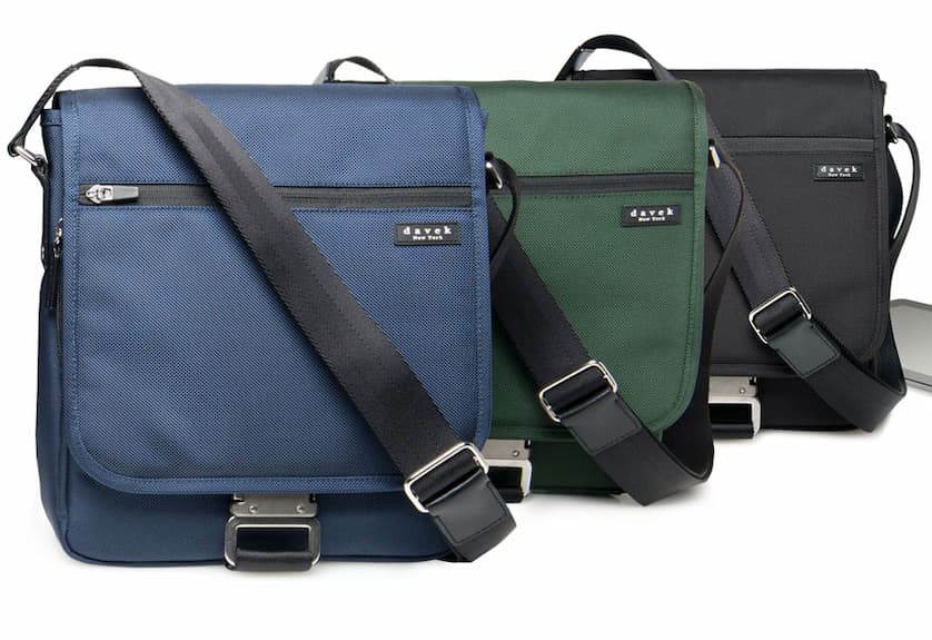 an image of three different colors of messenger bags with a cell phone