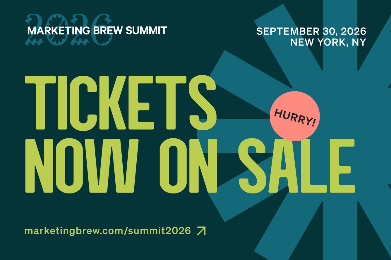 a promotional image for Marketing Brew summit, with the text "Tickets now on sale" on a teal background