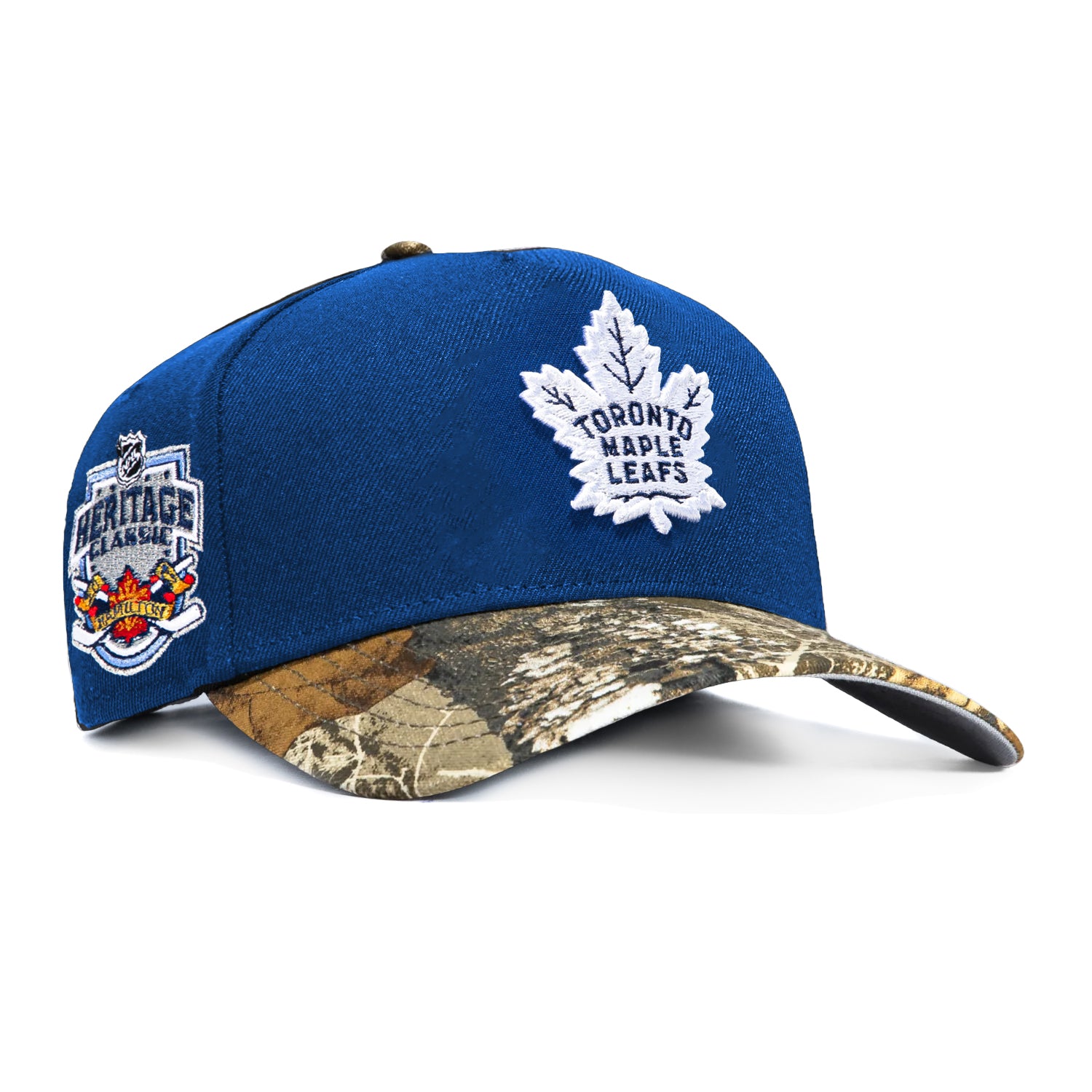 Image of New Era 9Forty A-Frame Realtree Visor Toronto Maple Leafs 2022 Heritage Classic Patch Word Snapback Hat - Royal, Realtree