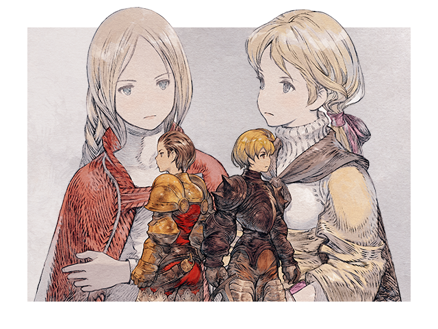 Art for FINAL FANTASY TACTICS showcasing 2-D illustrations of the characters Princess Ovelia, Alma, Delita, and Ramza.