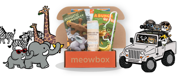 Image of the Savanna Tails meowbox (featuring toys like A Bunch of Fun Wand, Crocowoolly 100% wool toy, Sniffs of the Savanna Catnip Crinkle Mat toys and more.