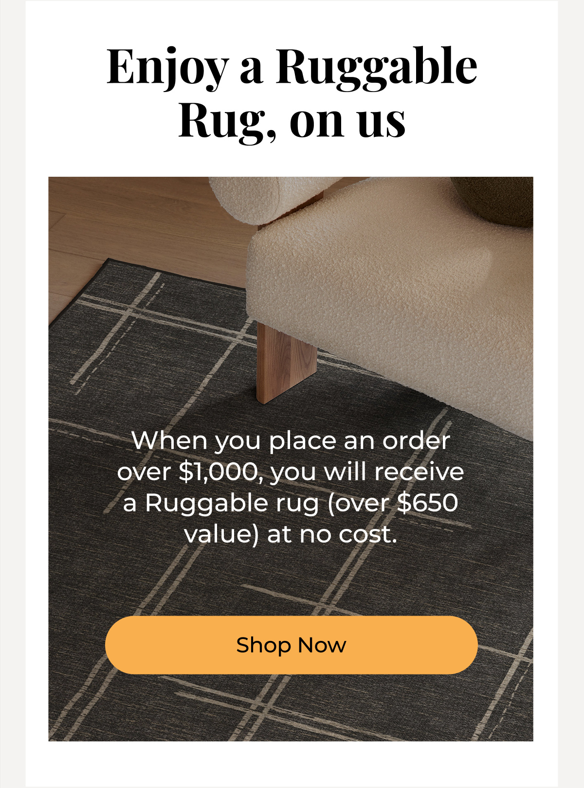 Enjoy a Ruggable Rug, on us! When you place an order over $1,000, you will receive a Ruggable rug (over $650 value) at no cost.