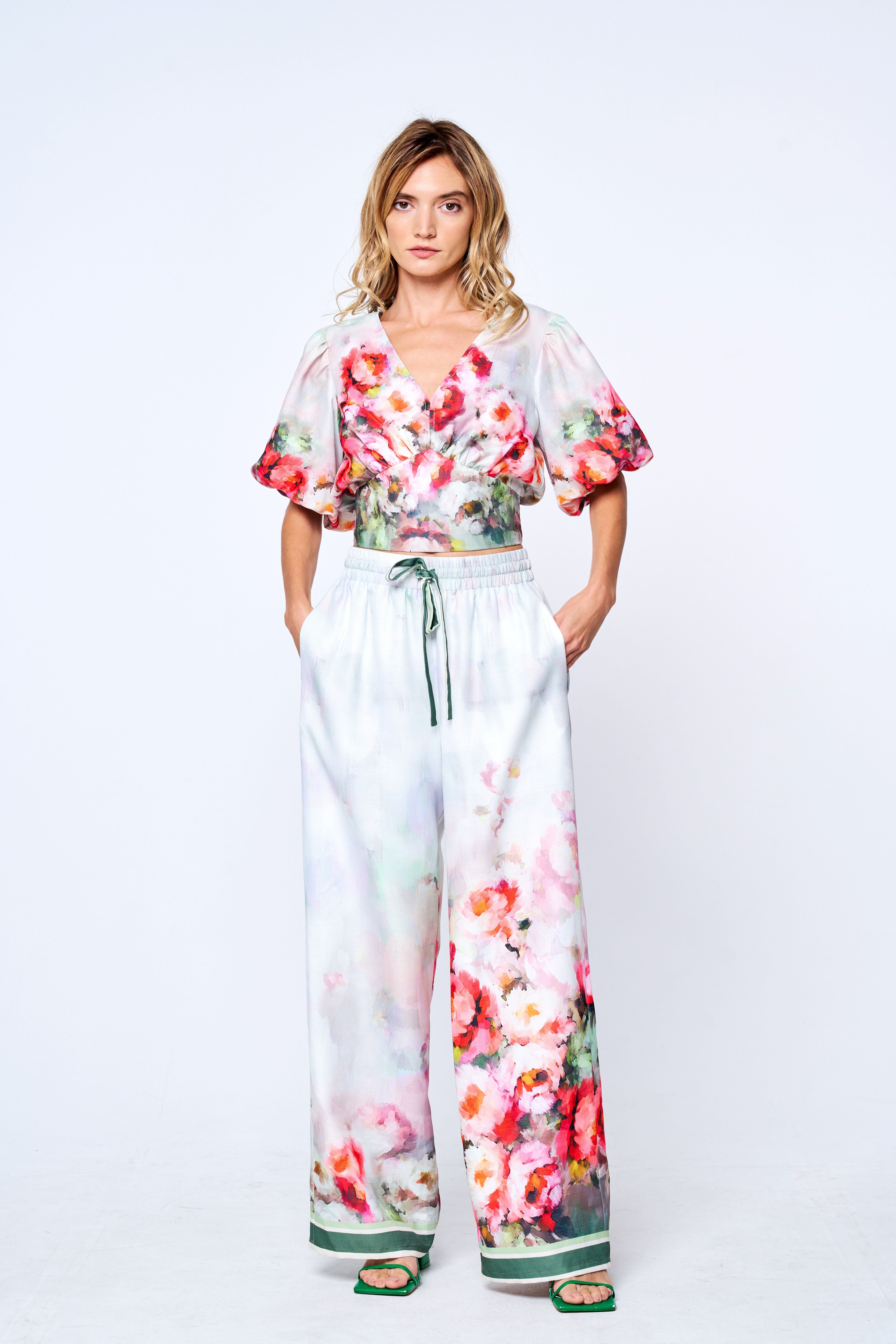 Image of Azra Floral Print Drawstring Wide Leg Pants