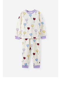 Kids' long sleeve pajama set with purple trim and colorful hot air balloon pattern
