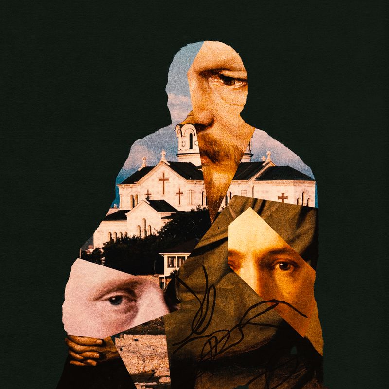 Collage illustration of Eastern Orthodox Church and men's faces.