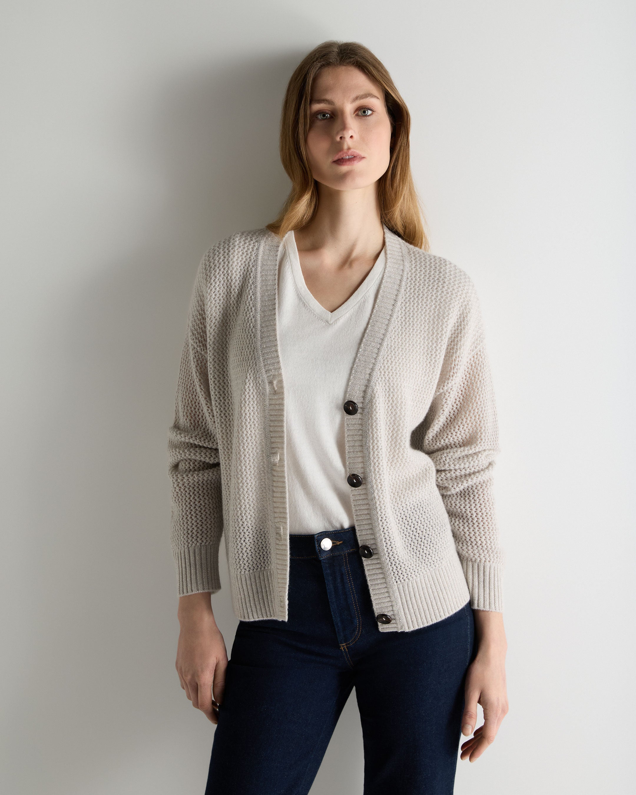 Image of Women's Azure Stitch Cashmere Cardigan Pebble Grey Sparkle