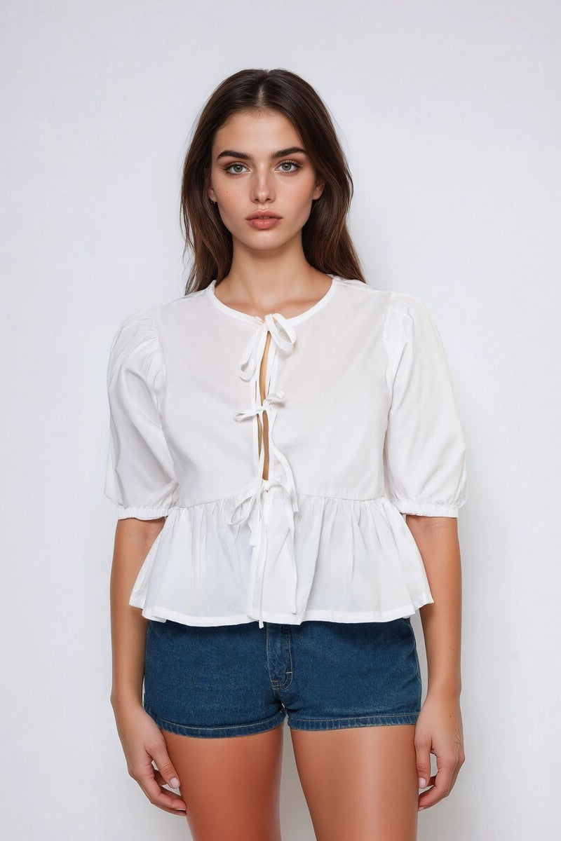Image of Poplin Tie-Front Peplum Top