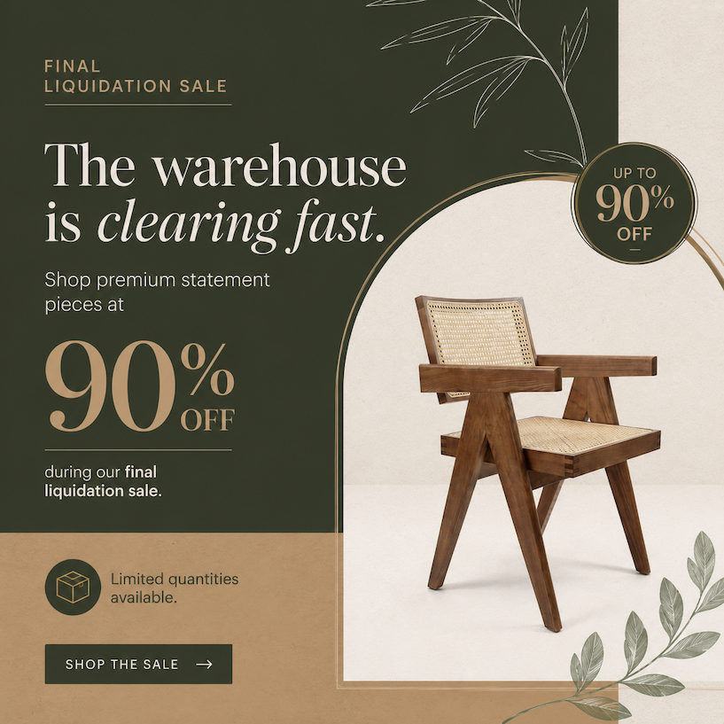 Furniture ad showcasing timeless design chairs with free shipping and fast delivery.