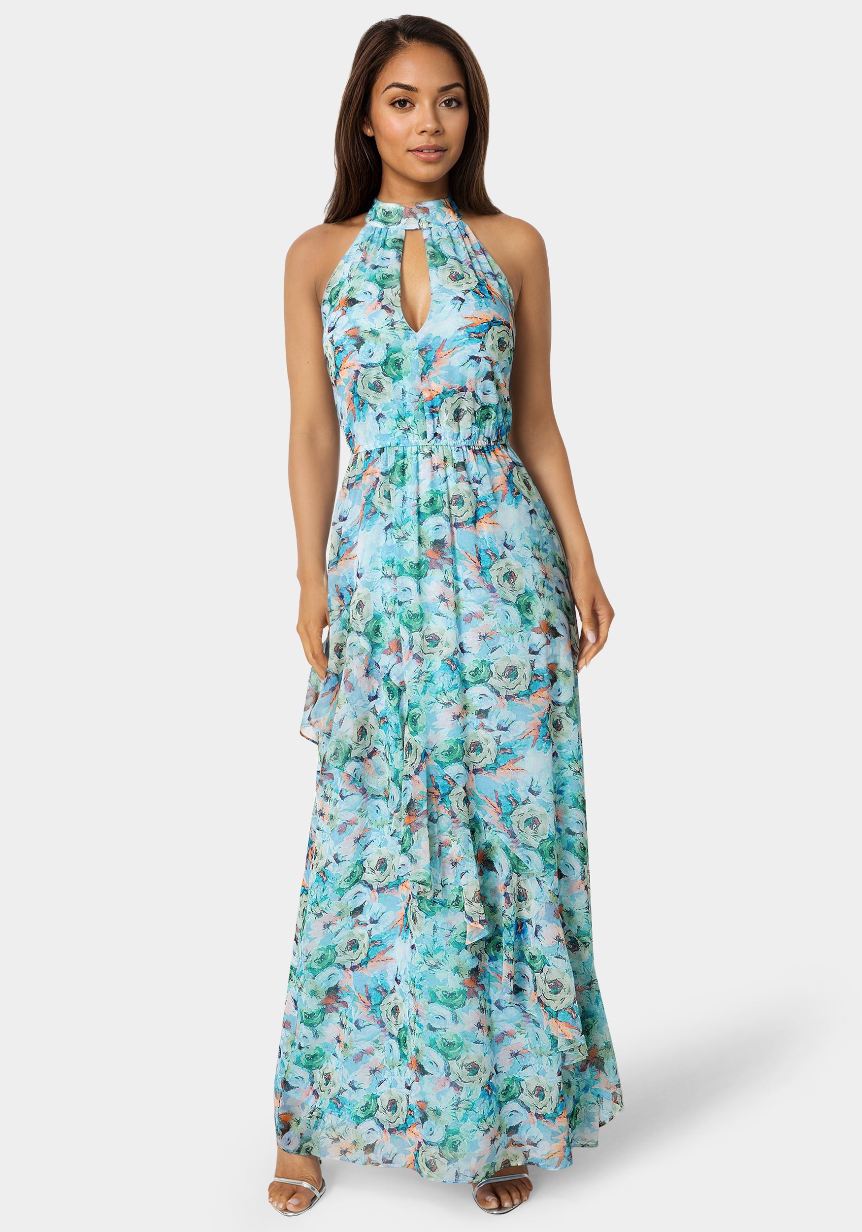 Image of Printed Chiffon Halter Ruffle Dress