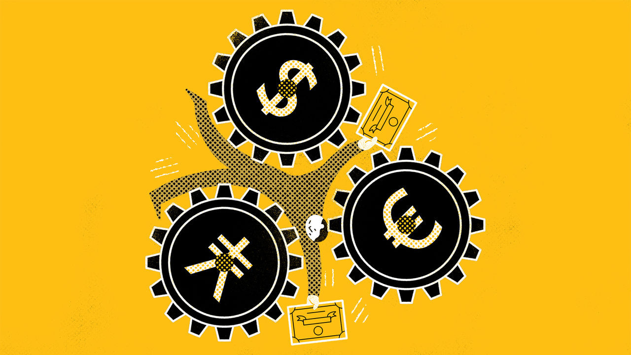 Illustration of a businessman holding stock certificates being squeezed between cogs with Yen, dollar and euro signs on them