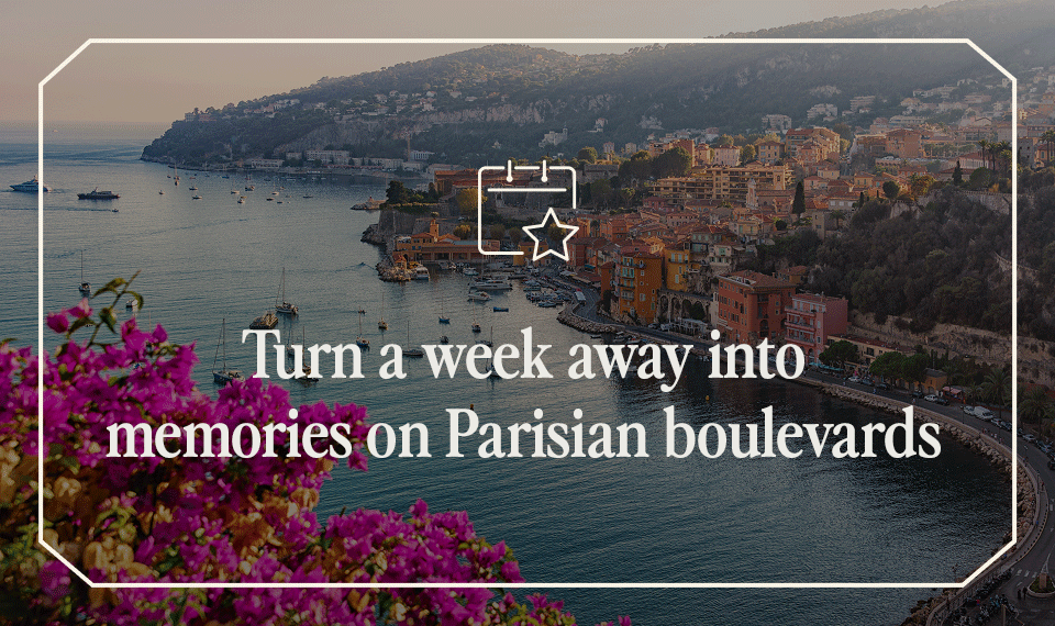 Go Ahead Tours animated weeklong France footer — Turn a week away into memories on Parisian boulevards; opens France tours