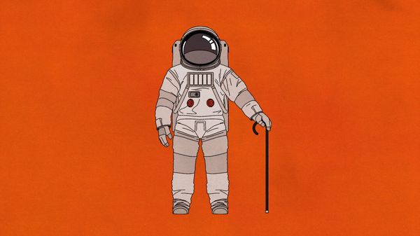 An illustration of a white astronaut standing against a red background, holding a black cane