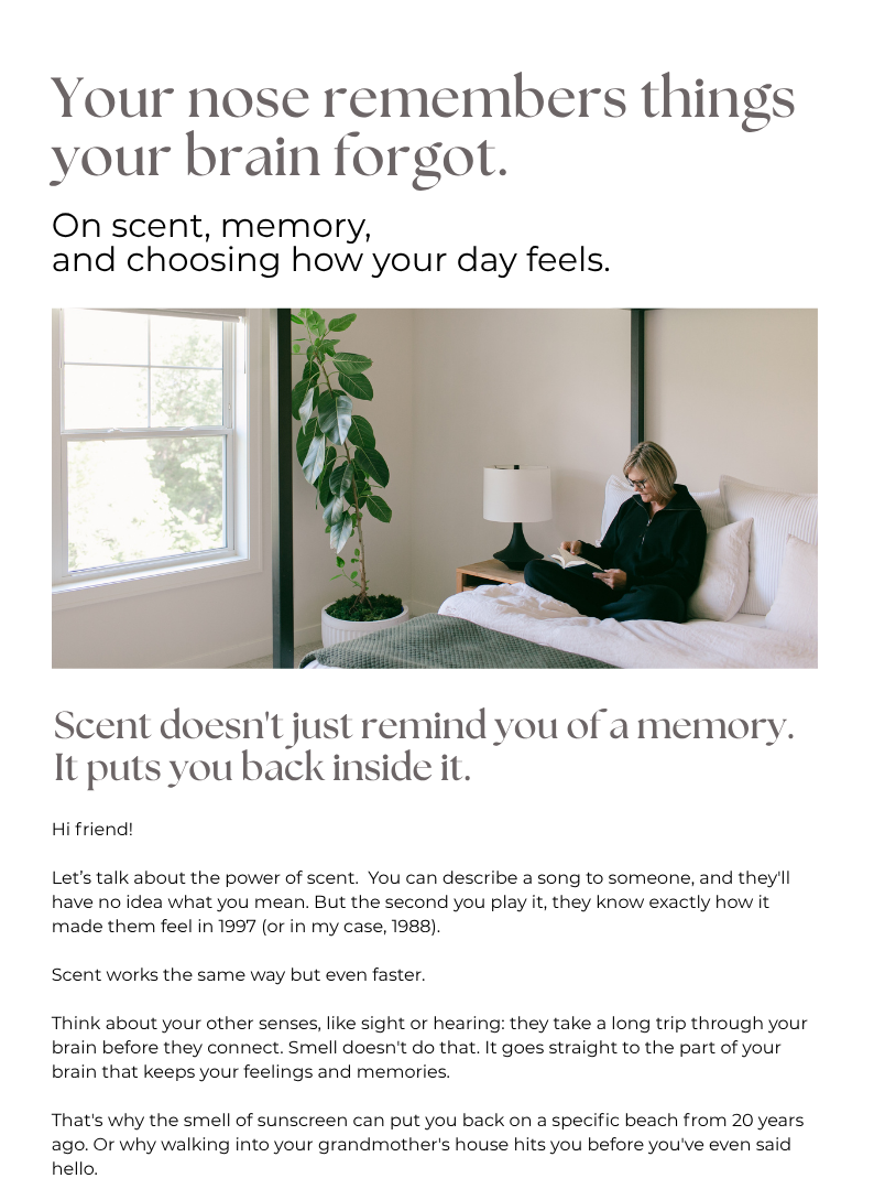 photo of a woman journaling in bed with text about scent and memory