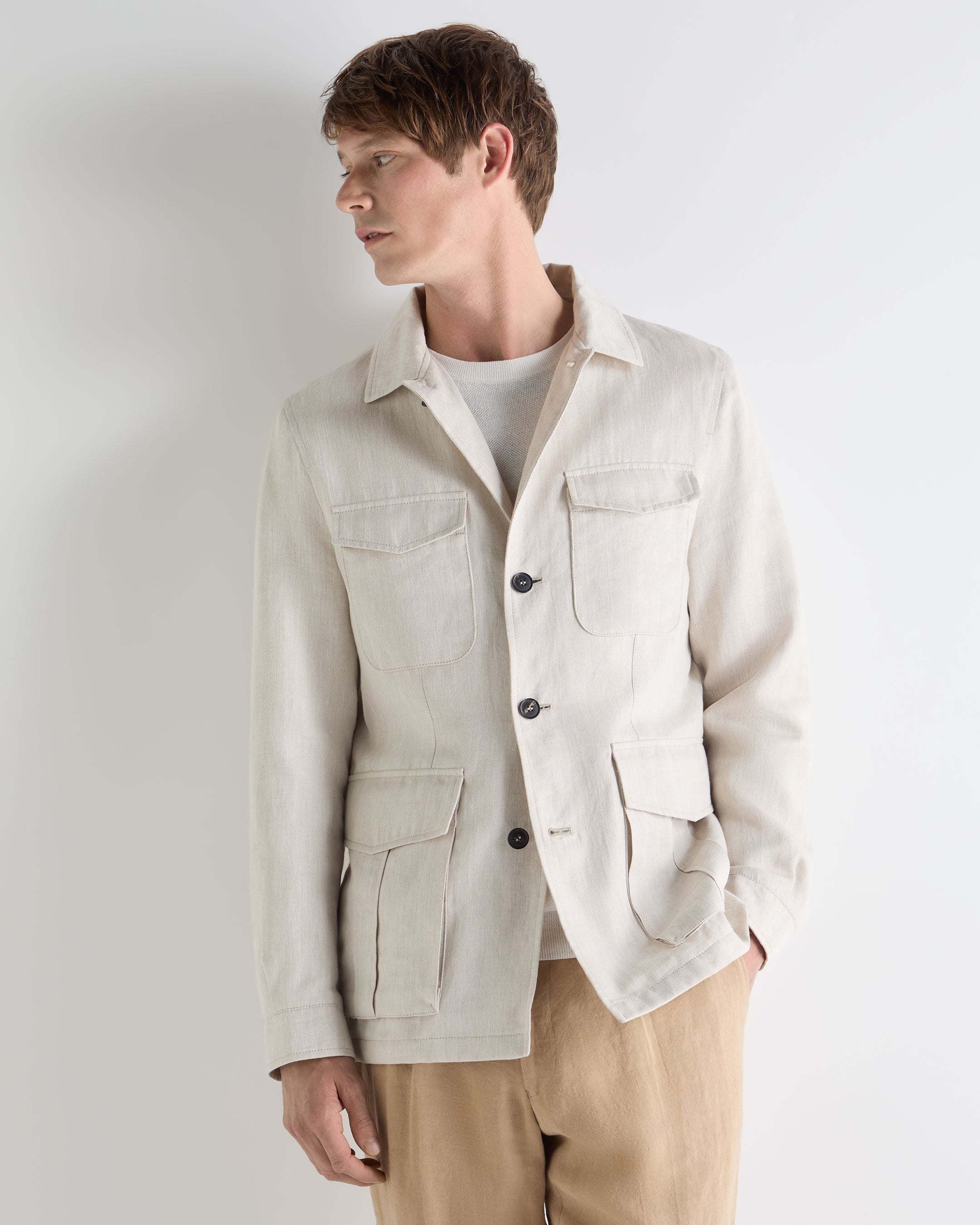 Image of Men's Linen Blend Herringbone Safari Jacket Chalk White