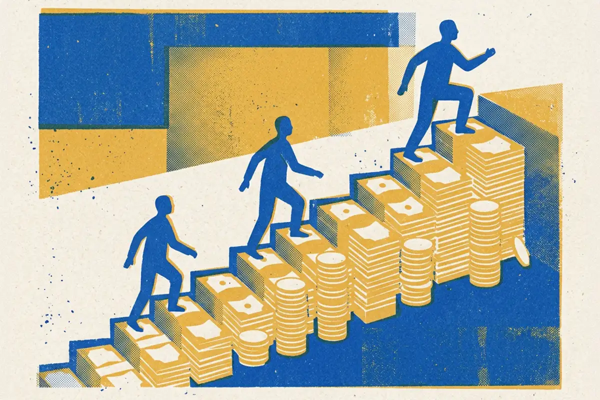 Figures walking up a stairway of cash