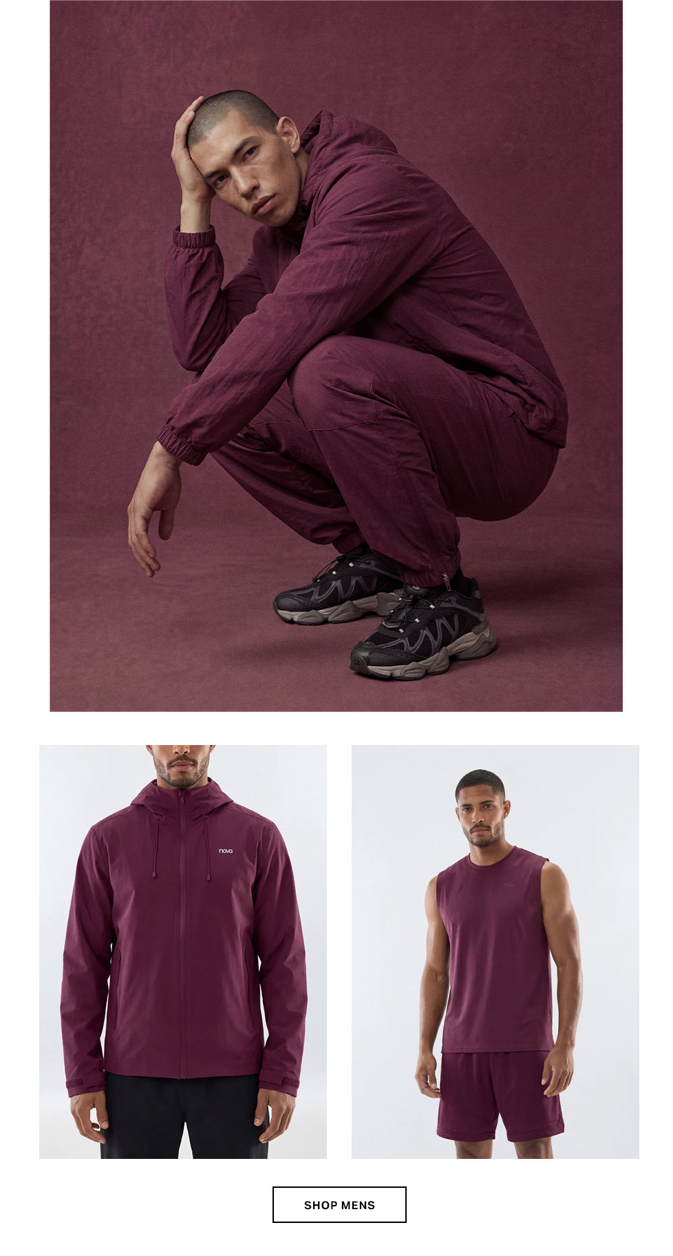 Man in a rich burgundy hooded tracksuit and black athletic sneakers, squatting on a textured background. Highlights versatile men's activewear.