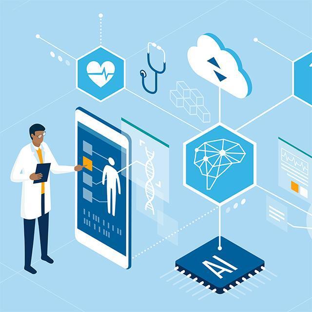 Illustration of Dr. using AI interface with many links beyond the device itself