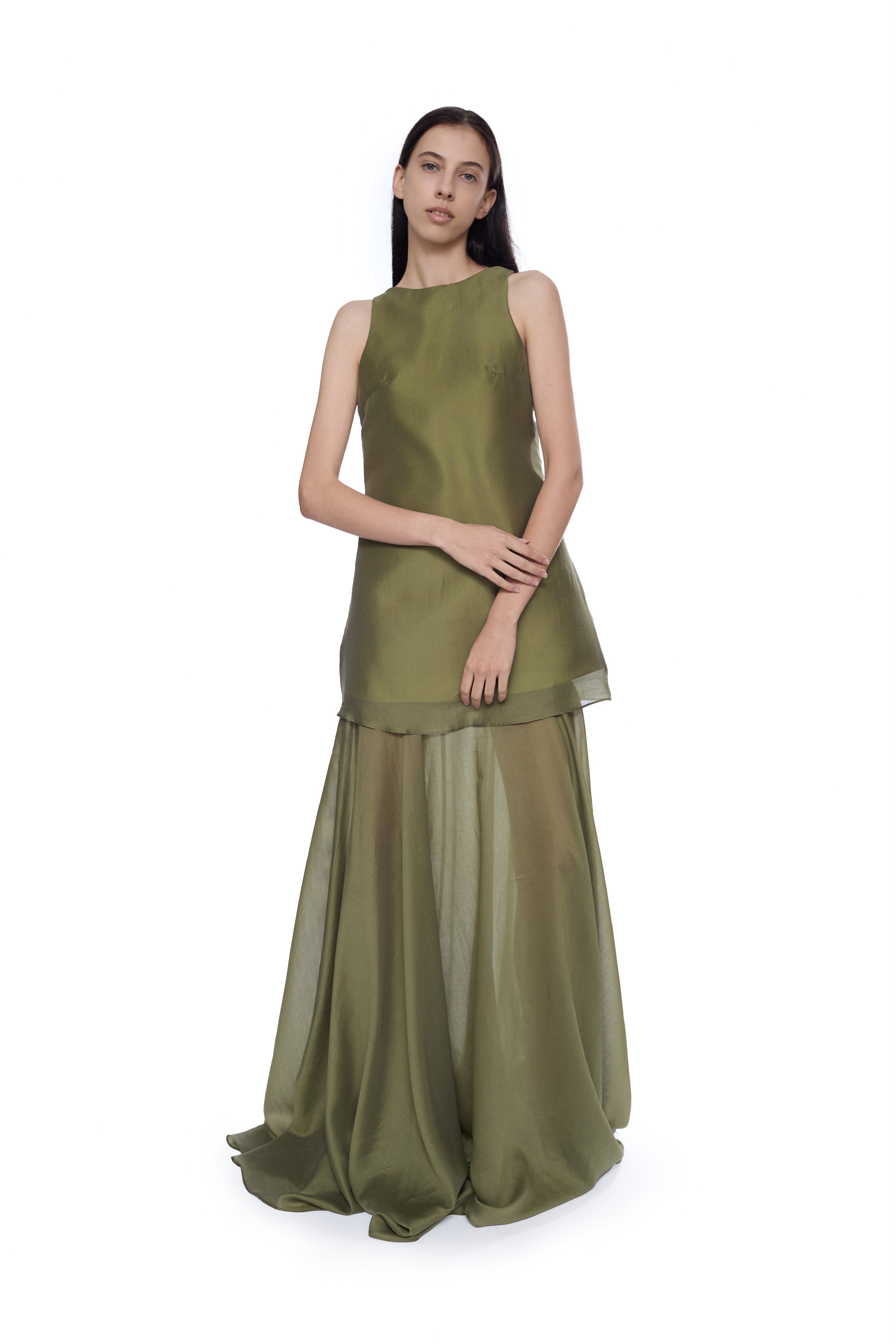 GREEN DOUBLE LAYERED LONG DRESS