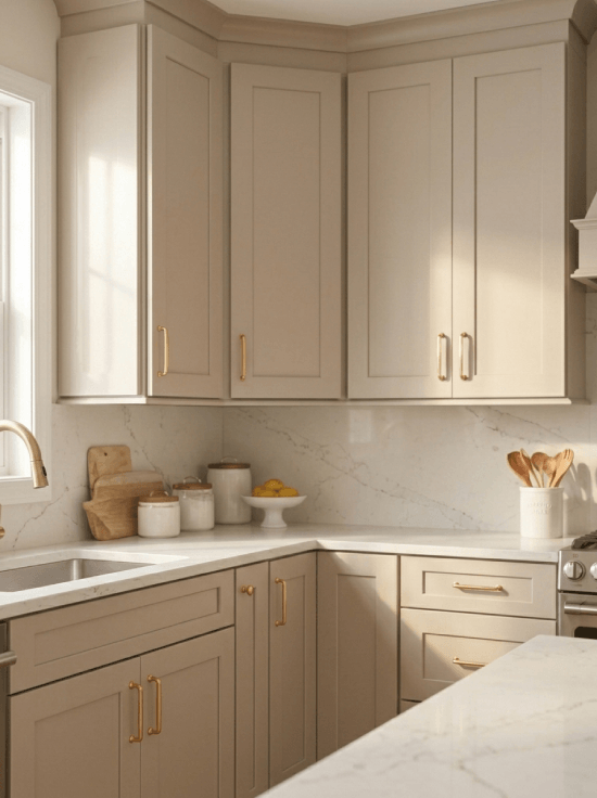 Modern kitchen with beige cabinets, gold handles.