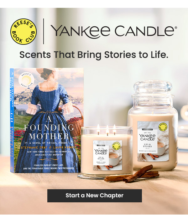 Yankee Candle Scents That Bring Stories to Life. Book cover and two candles shown. Button reads Start a New Chapter.