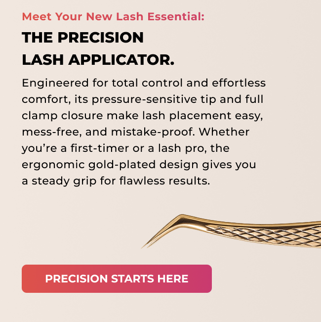 Gold Precision Lash Applicator designed for effortless lash placement with ergonomic grip and precision tip, plus Shop Now button.