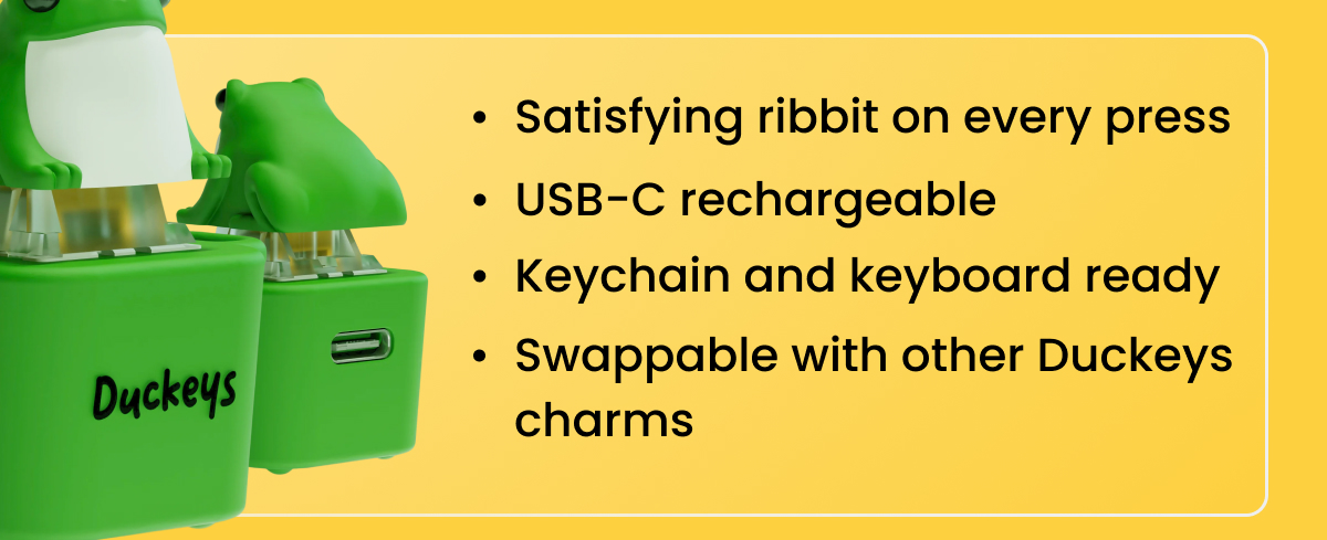 Satisfying ribbit on every press USB-C rechargeable Keychain and keyboard ready Swappable with other Duckeys charms
