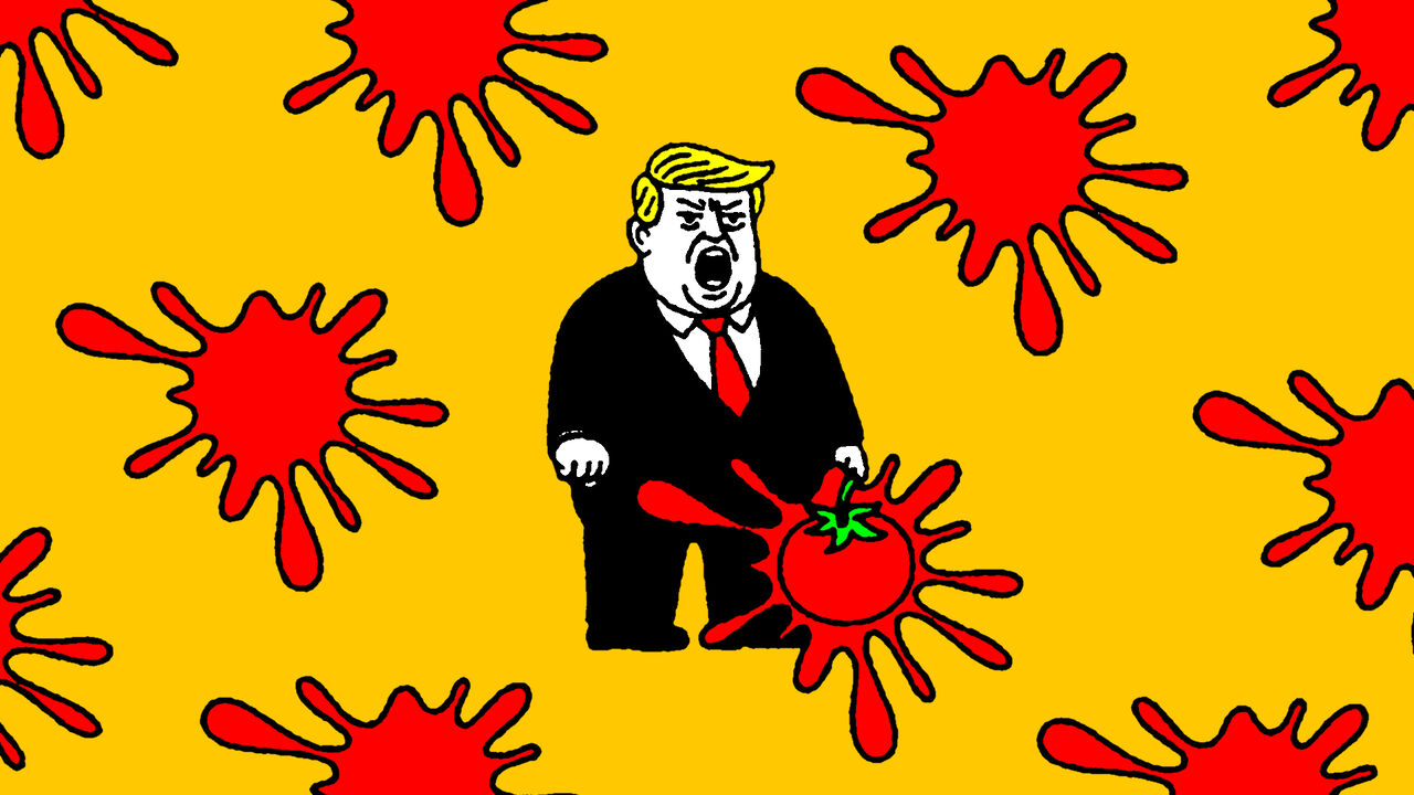 The illustration shows Donald Trump having tomatoes thrown at him
