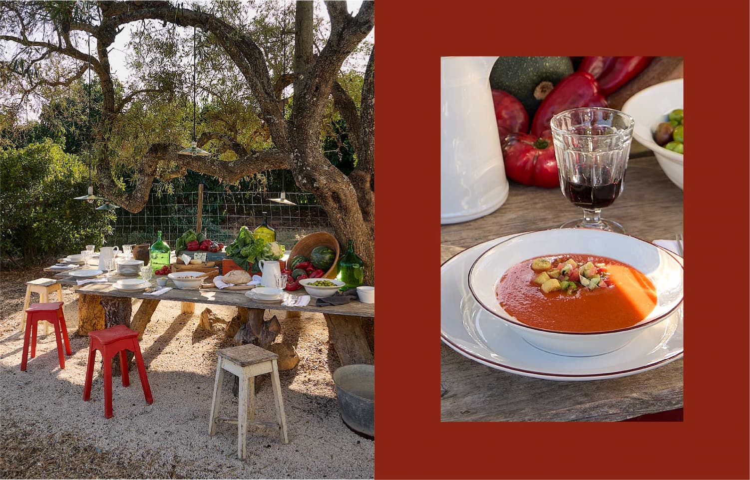 Block of two images: on the left, a long outdoor table under a tree with red and white stools, set with Beja tableware and fresh vegetables; on the right, on a red background, a Beja soup plate with gazpacho, a wine glass and vegetables in the background