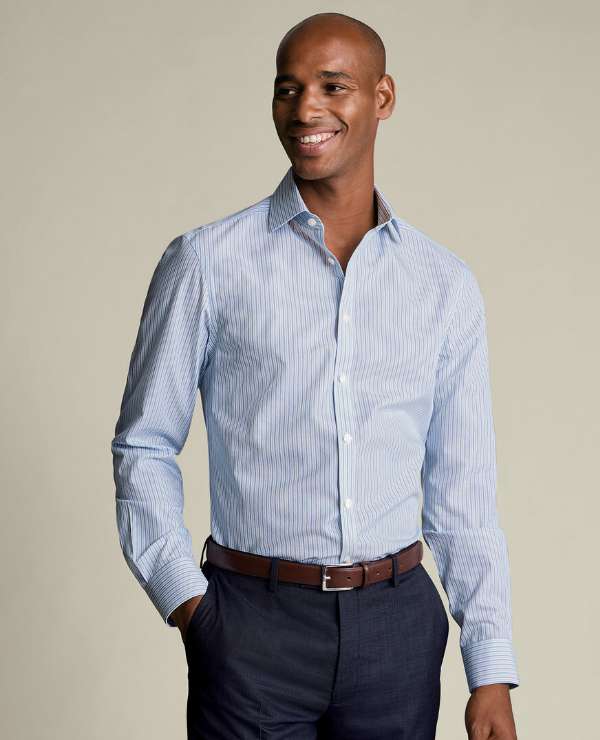 Non-Iron Stretch Poplin Stripe Shirt - Mid Blue