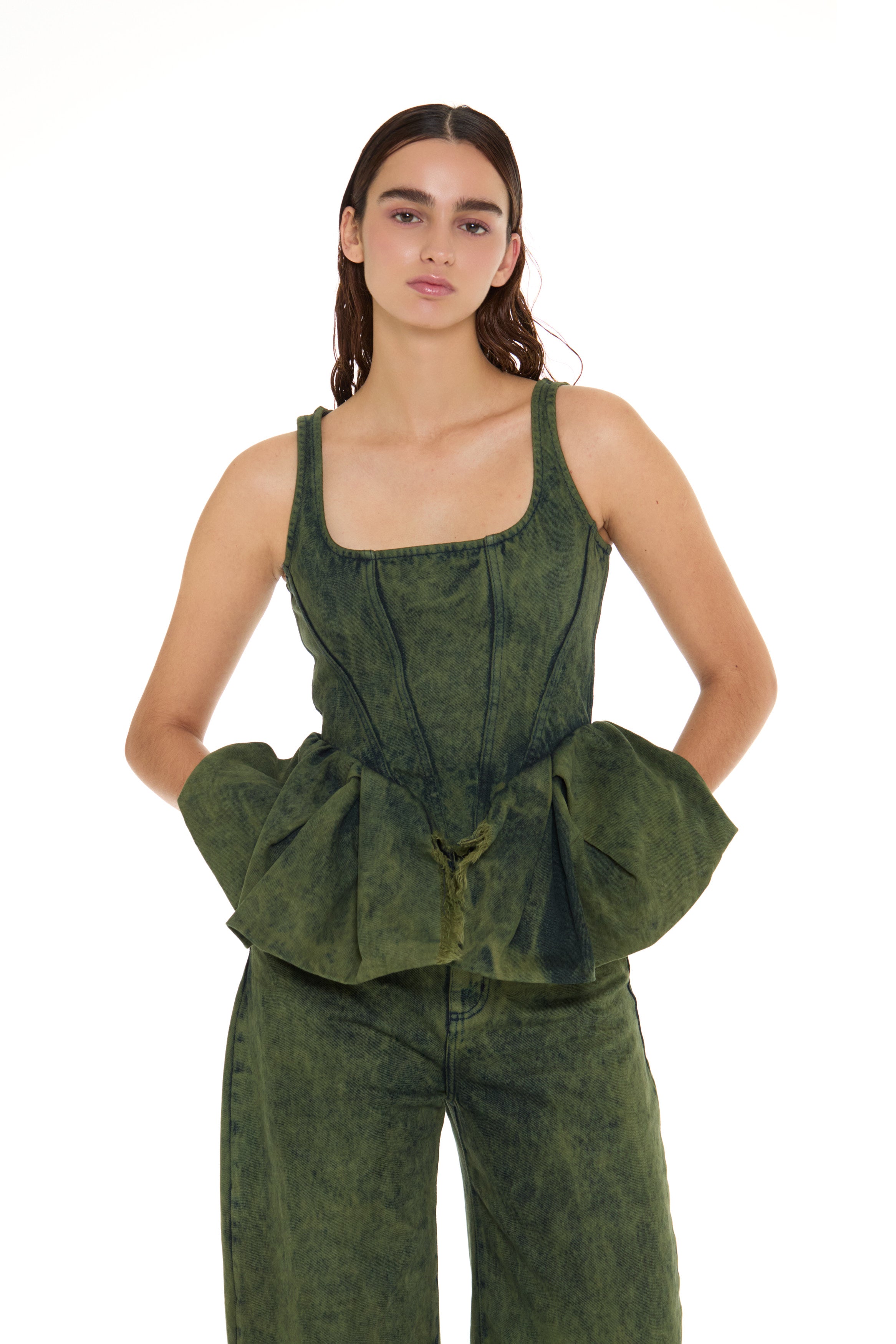 KHAKI OVERDYE DENIM PEPLUM CORSET TOP