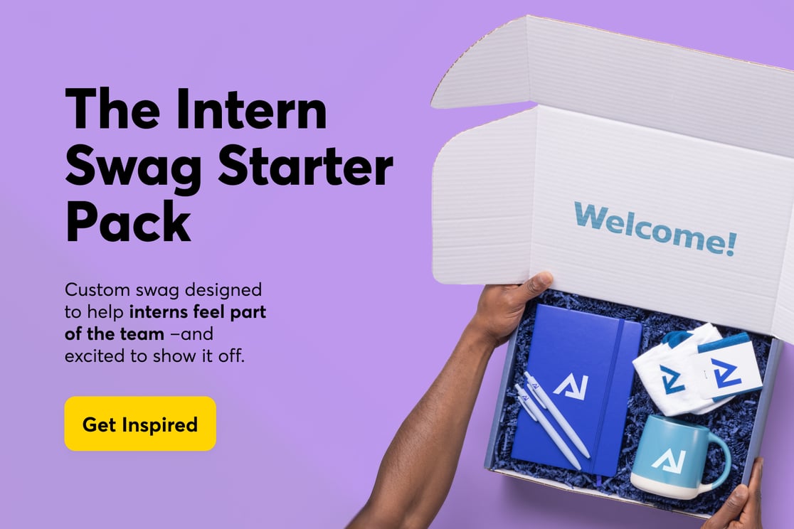 A custom welcome box full of swag on a purple background.