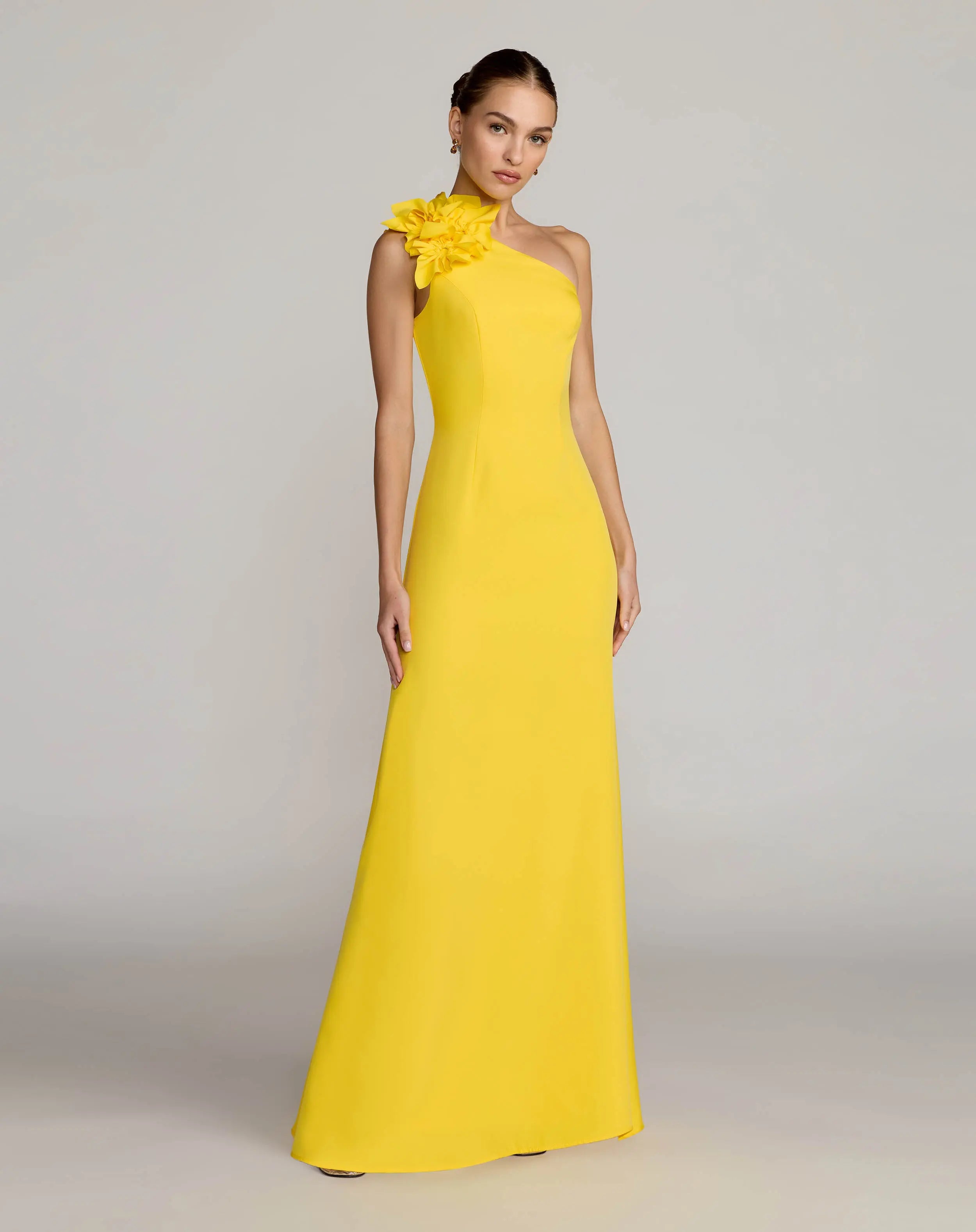 Image of Yellow One Shoulder Crepe Gown with 3D Flower