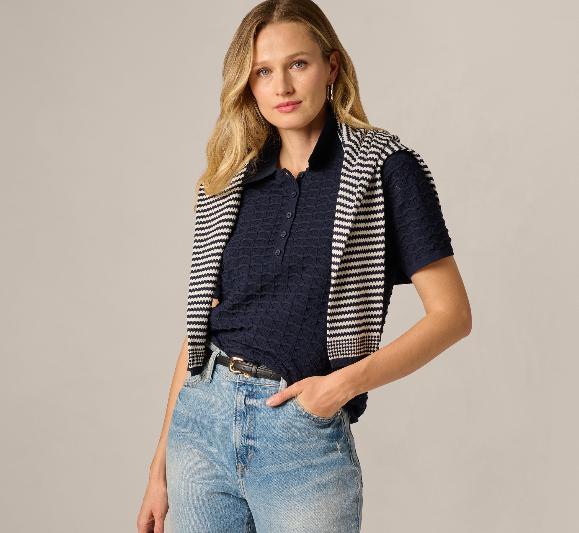 Image of Short Sleeve Open Pointelle Polo Top In Blue Moon