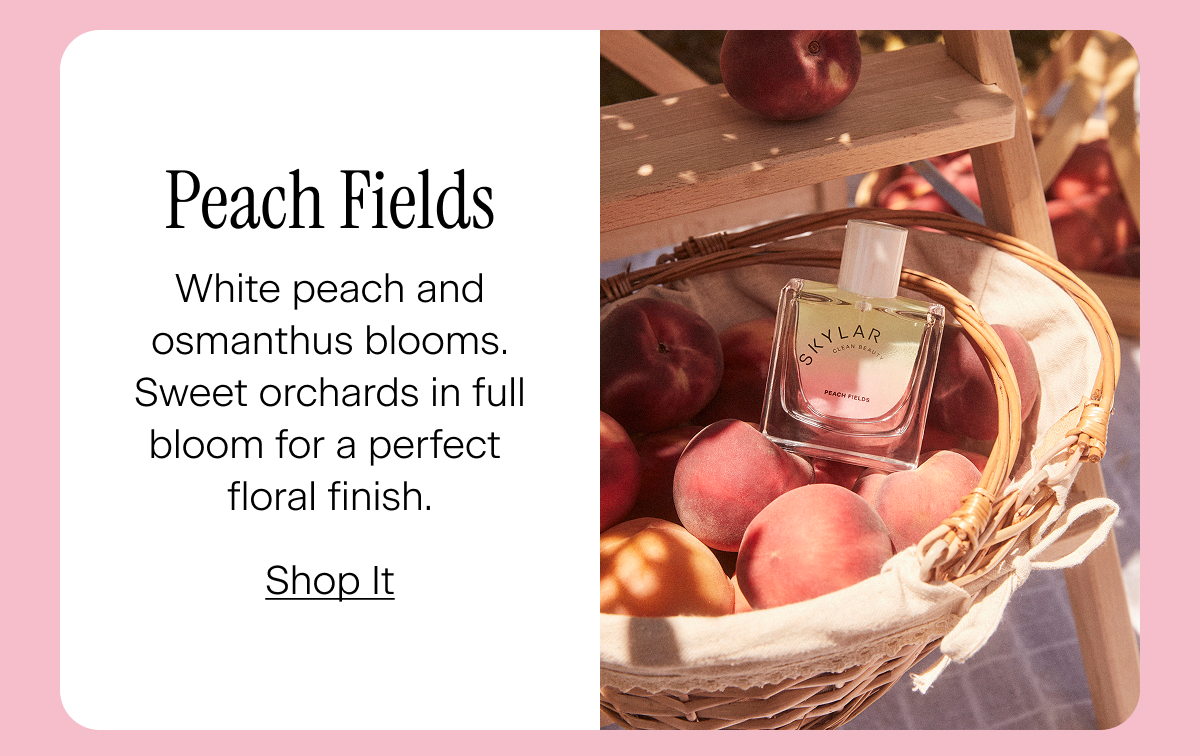 Peach Fields. White peach and osmanthus blooms. Sweet orchards in full bloom for a perfect floral finish. Shop It