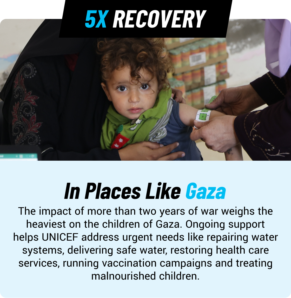 Humanitarian fundraising poster featuring three stories of children affected by conflict and displacement. Select the SEND 5X THE RELIEF CTA button to help and donate