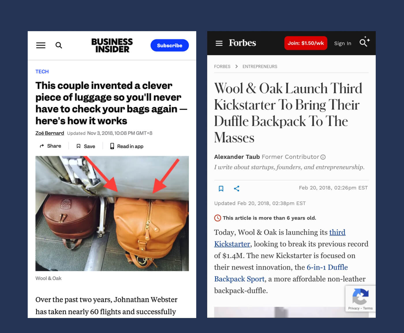 With nothing but passion and a big idea, we launched on Kickstarter in 2016. To our surprise, we became one of the top-funded leather brands, thanks to the incredible support from our backers. // And that was just the beginning. Since then, we’ve been featured in Forbes, Business Insider, Bloomberg, and more—but honestly, it’s your feedback and travel stories that guide every stitch we make.